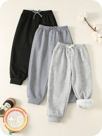 SHEIN 3pcs/Set Young Boy Solid Color Thermal Lined Thick Pants Set, Comfortable Casual Basic Joggers Tracksuit, Suitable For Indoor, Outdoor, Daily, Sports, Party Festival, Streetwear, Back To School, Christmas, New Year, Spring/Summer/Autumn/Winter Kids Sweatpants Thermal Lined Pants