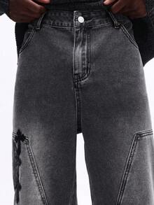 SUMWON Loose Fit Flare Carpenter Jeans With Applique Details And Frayed Hem For Relaxed Street Style Plain - Blue - View 7