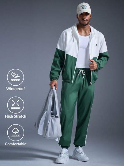  DRIFTMERE Men's Tops And Pants Two Pieces Sportswear Contrast Color Hooded Jacket And Sweatpants Casual, Fall/Winter, Tracksuit, Gym, Jogging Set Spring To Summer