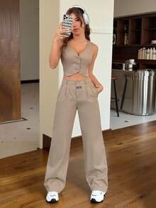 SHEIN EZwear Bộ vest vải lanh trơn màu mùa hè dành cho nữ, áo vest một hàng khuy và quần dài rộng rãi, thời trang thu/đông - Lạc đà - Xem 1