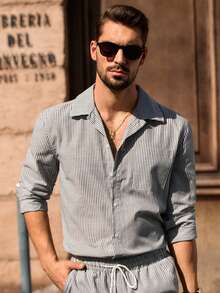 Manfinity VCAY Men's Casual Striped Button-Up Shirt Set - Black - View 5