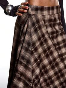 LYSMO 2025新款极简主义冬季女士棕色格子裹身不对称下摆时尚百搭半身裙，适合外出、休闲、圣诞节派对、新年等正式场合，秋季和冬季皆宜。 - 咖啡棕 - 查看 8