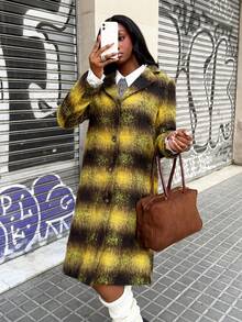 Modviera Abrigo largo de estilo casual y escolar con estampado para mujeres, conjunto de dos piezas a cuadros de otoño/invierno estilo vintage de los 70, abrigo de tweed amarillo de Jamaica para mujer, abrigo a cuadros de estilo callejero vintage Y2K para otoño e invierno, adecuado para vacaciones, citas, té de la tarde, estilo occidental