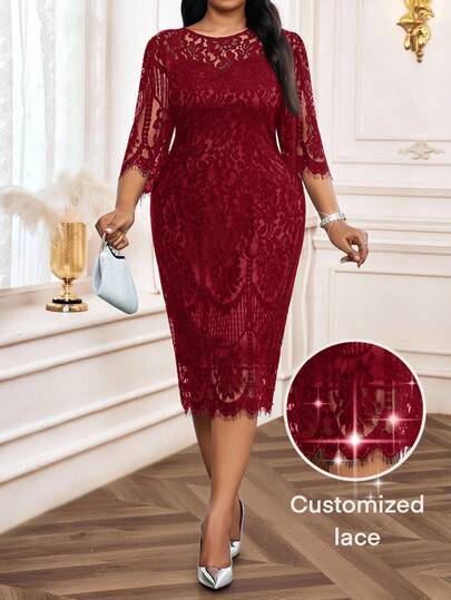 SHEIN Lady Plus Size Spring, Summer, Autumn And Winter Elegant Party Dark Red Lace Dress Women's Formal Dresses, Women's Elegant Dresses, Women's Elegant Party Dresses  Shimmering Dresses, Women's Floral Dresses, Women's  Red Dresses, Women's Luxury Dresses, Brocade Jacquard Dresses, Women's Church Gowns, Dubai Robes, Women's Luxurious Shimmering Dresses Wedding Party Dresses. Burgundy Plus Size Dress Plus Size Lace Dress Red Wine Dress Lace Dress For Women Church Dress For Women Spring Outfit Women Summer Dress  Birthday Dress  Floral Dress