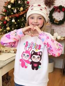 SHEIN 少女可爱动物图案针织休闲圆领卫衣 - 白色 - 查看 7