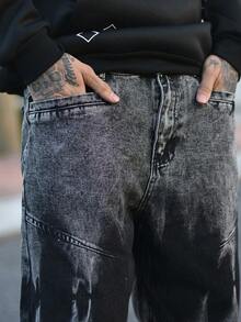 Devon Thys 1 件正义兄弟美式拼布男士破洞牛仔裤，街头风格个性化宽腿宽松长裤 - 灰色 - 查看 6