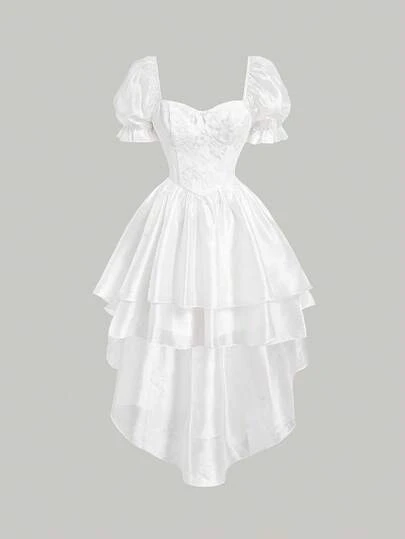 SHEIN MOD Women's Floral Jacquard Puff Sleeve Cake Layered Ruffle Vintage Dress