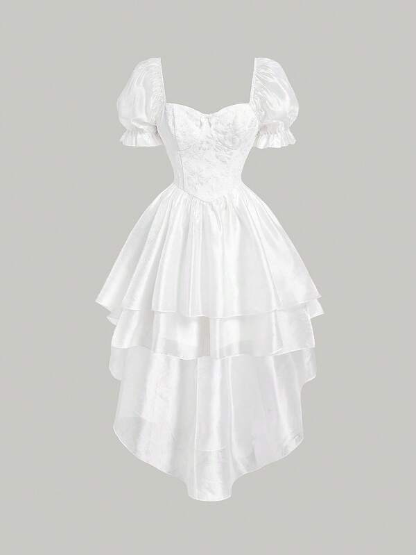 SHEIN MOD Women's Floral Jacquard Puff Sleeve Cake Layered Ruffle Vintage Dress