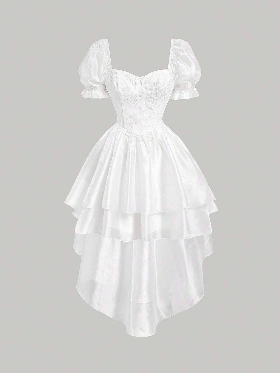 SHEIN MOD Của phụ nữ Hoa Dệt hoa Ống tay áo Bánh Nhiều lớp Ruffle Retro Đầm - trắng - Xem 1