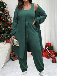 Vionelle 大码女式纯色落肩长袖夹克和腰带无袖连体裤休闲两件套，秋季 - 墨綠色 - 查看 3