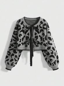 ROMWE Kawaii 2pcs/Set Women Leopard Print Bow Decor Sweater - Multicolor - View 3