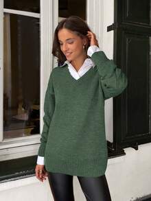 SHEIN Women's Casual V-Neck Drop Shoulder Long Sleeve Pullover Sweater, Autumn/Winter - Mint Green - View 7