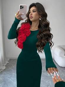 Rafferiza Vestido largo de mujer de cuello redondo, cintura ceñida y terciopelo con flores 3D para otoño/invierno, elegante para fiestas y eventos de Navidad - Verde Oscuro - Ver 7