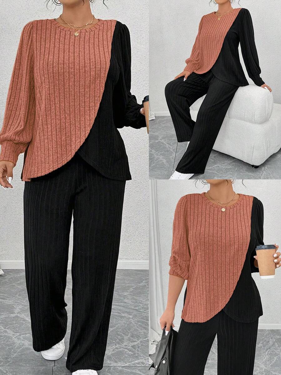 EMERY ROSE Plus Size Crew Neck Long Sleeve Soft Knit Ribbed Colorblock Asymmetrical Patchwork Top And Soft Knit Ribbed Straight Leg Pants Casual Loungewear 2 Pieces Set - Multicolor - View 1