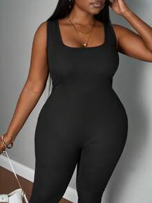 SHEIN PETITE CURVE Mono sin mangas elástico de punto talla grande - Negro - Ver 6
