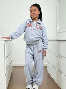 Tween-Mädchen Lässiges 2-teiliges Set, Hoodie und Shorts mit New Yorker Buchstabenmuster, warmes Campus-Outfit, geeignet für den Alltag, Frühling/Herbst/Winter