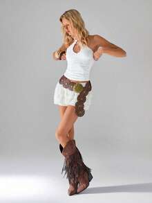 SHEIN Unity 1 件女式白色休闲/通勤/约会交叉挂脖上衣，时尚环扣设计，精致浪漫蕾丝，合身，休闲，性感，修身 - 白色 - 查看 7