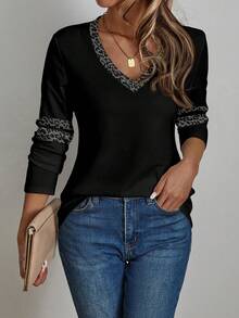 EMERY ROSE 女士休闲豹纹拼接V领长袖T恤，春秋季 - 深灰色 - 查看 6