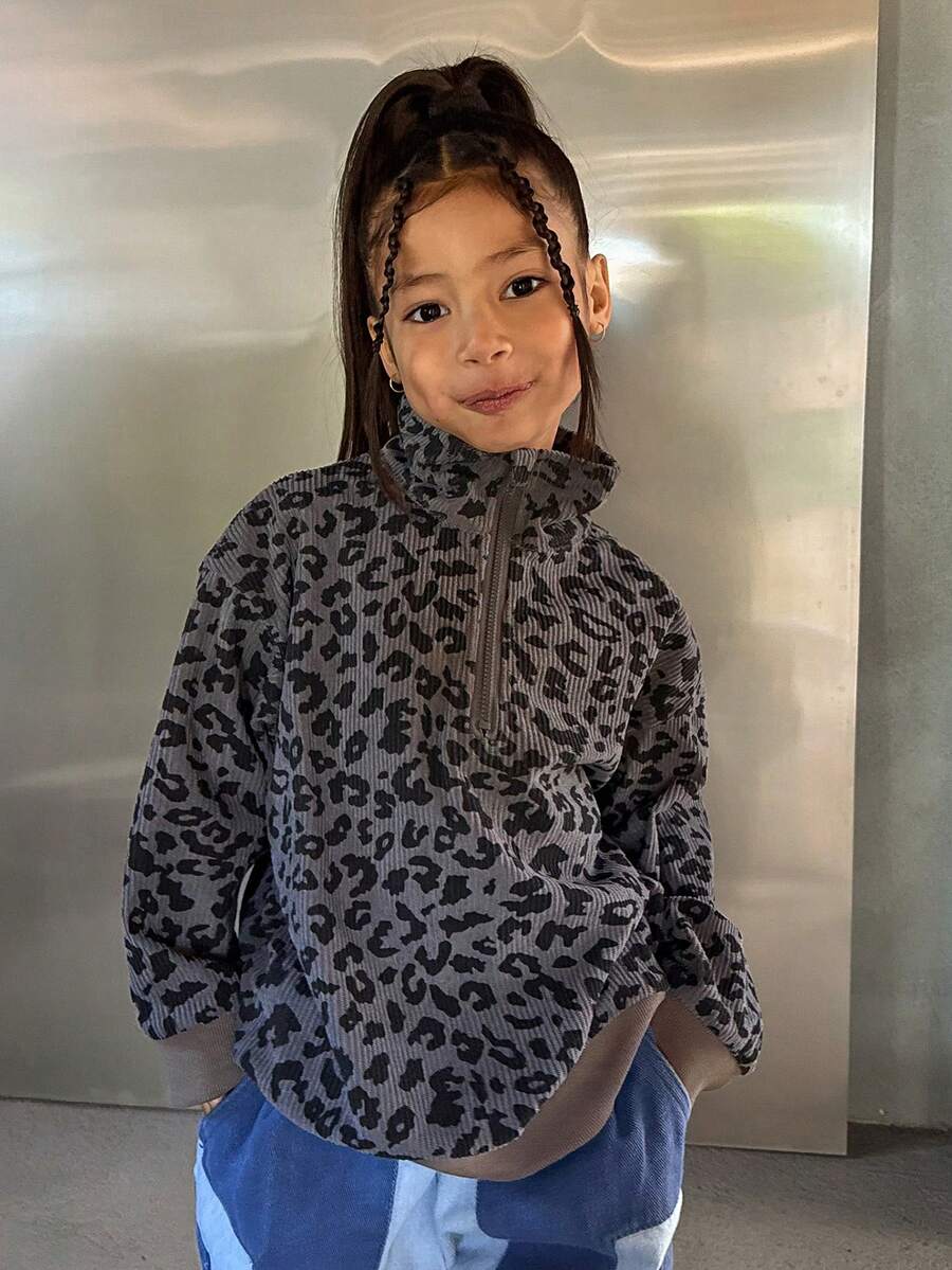Dazy Kids Young Girl Leopard Print Half-Zip High Neck Long Sleeve Pullover Sweatshirt - Dark Grey - View 1