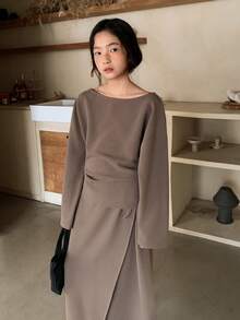 DAZY 2pcs/Set Tween Girls Crew Neck Knit Long Sleeve Top And Skirt Outfit, Fall