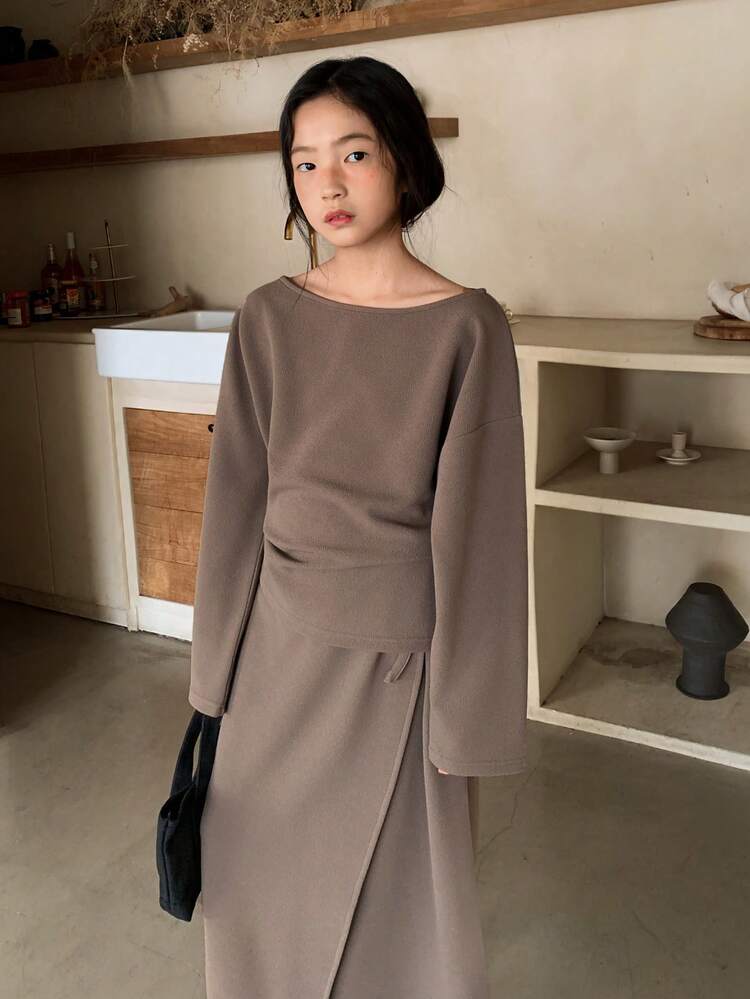 2pcs/Set Tween Girls Crew Neck Knit Long Sleeve Top And Skirt Outfit, Fall