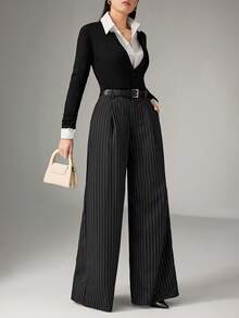 Heiryn 女士时尚百搭通勤条纹阔腿裤