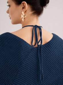 Modelyn 女士交叉领长袖时尚浆果色毛衣，秋冬季 - 寶藍色 - 查看 7