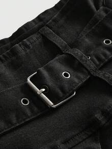 ROMWE Grunge Punk Y2K 复古做旧镂空系带褶皱超短牛仔女裙 - 黑色 - 查看 4