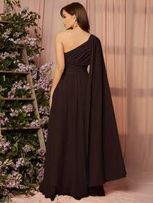 SHEIN Belle 纯色不对称长袖开衩下摆优雅伴娘礼服 - 咖啡棕 - 查看 2