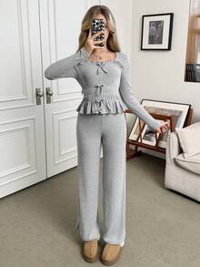 Sparklyn Teen Girl Solid Color Bow Decor Ruffle Hem T-Shirt And Pants Casual Outfit - Grey - View 3