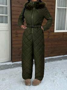 SHEIN EZwear 白色毛绒帽和加厚连体衣，适合秋冬季雪地玩耍。 - 軍綠色 - 查看 6