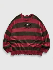 ROMWE MEN Grunge Punk 男士不对称破洞条纹休闲宽松长袖毛衣，冬季款 - 紅色 - 查看 6