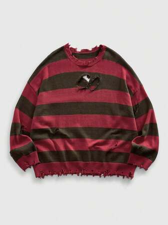 Grunge Punk كنزة صوفية كاجوال فضفاضة طويلة الأكمام مخططة ممزقة غير متماثلة للرجال، للشتاء