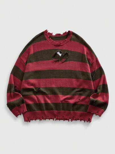 Street Life Suéter casual de manga larga con corte asimétrico, rayas y ajuste holgado para hombres