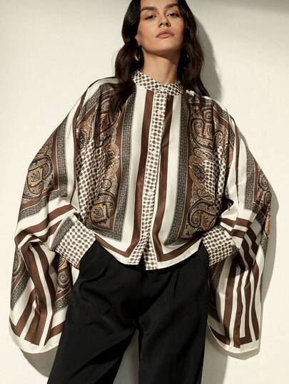 Aveloria Modichic Commuting Vintage Colorblock Positioning Print Sleeve Hem Design Loose Vacation Vibe Women Shirt