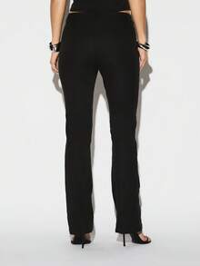 KIZN 罗纹修身低腰阔腿裤 Palazzo 款式长款休闲裤，带纽扣 - 黑色 - 查看 2