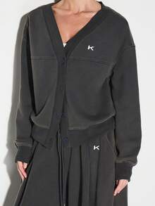 KIZN Áo nỉ cardigan tay dài cổ chữ V cài nút phía trước có chi tiết móc kim loại cỡ lớn thường ngày thu đông - Xám - Xem 5