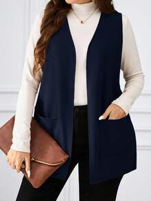 Miaspire Plus Size Solid Color Sleeveless Loose Pocket Simple Casual Jacket,Spring/Summer,Summer Clothes,Vacation Outfits Woman / Vacation In Fall/Winter - Navy Blue - View 5