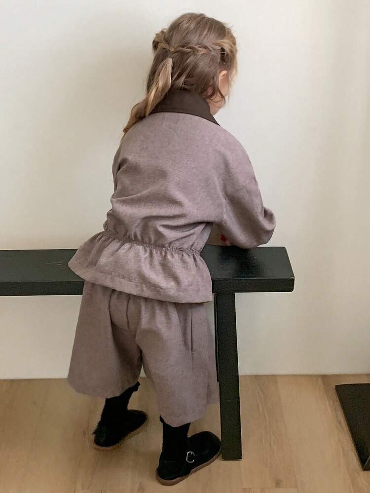 Young Girls Contrast Color Elegant Long Sleeve Shirt And Shorts Outfit Set
