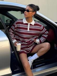 Muchica Women's Colorful Striped Knitted Polo Neck Sweater And Shorts Set For Going Out Outfits, Back To School, Streetwear - Multicolor - View 5