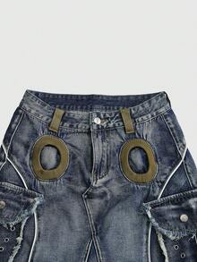 ROMWE Avant Chân váy denim dáng chữ A phong cách Y2K cổ điển dành cho nữ có túi hộp - Màu xanh lam - Xem 5