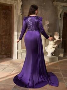 Aureia 大码优雅奢华紫色亮片拼接缎面圆领连衣裙，饰有奢华亮片贴花设计，长袖修身褶皱鱼尾下摆拼接连衣裙，适合晚宴、单身派对、约会、舞会、度假、婚礼、生日、盛大晚会（需盛装出席）、情人节等场合。 - 紫色 - 查看 7