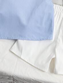 SHEIN 小男孩夏季兩件套，短袖襯衫與短褲，學院風休閒套裝，適合假期、家庭旅行、戶外街頭時尚，淺藍色 - 藍色 - 查看 6