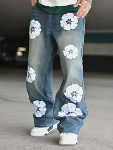Devon Thys HEHCN 男士花卉印花口袋休闲宽松 Y2K 复古阔腿蓝色牛仔裤，Emo 风格 - 藍色 - 查看 6