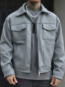 Devon Thys 男士翻盖口袋拉链绒面革夹克，适合秋冬 - 淺灰色 - 查看 6