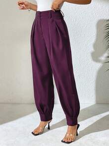 Xyvia Women's Elegant High Waist Double Button Decor Pleated Long Slim Pants, Casual, Spring/Autumn - Purple - View 4