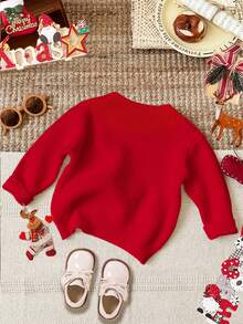 SHEIN 红色圣诞图案，甜美条纹“Merry”刺绣蝴蝶结，女婴休闲简约保暖柔软宽松圆领长袖毛衣，适合秋冬季、圣诞节、新年、假日、舒适季节、圣诞氛围、圣诞礼物、女婴秋冬叠穿、秋冬圣诞毛衣，#新款 - 紅色 - 查看 6