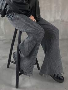 FRIFUL 女士长款休闲纯色毛衣裤，裤脚带流苏 - 灰色 - 查看 2