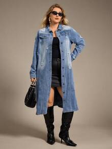 Plus 1pc Flap Pocket Ripped Denim Coat, Fall Women Clothes - Light Wash - View 5