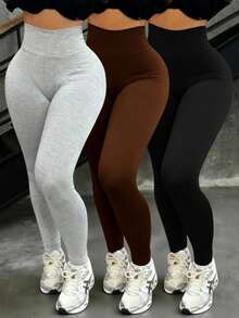 INAWLY 3件套 女士纯色高腰修身休闲运动瑜伽裤 - 彩色 - 查看 3